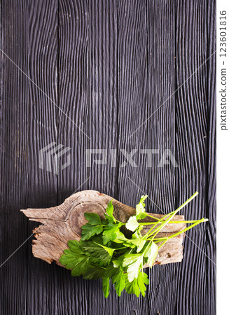 Bunch of the twigs of fresh parsley on a wooden cutting board 123601816