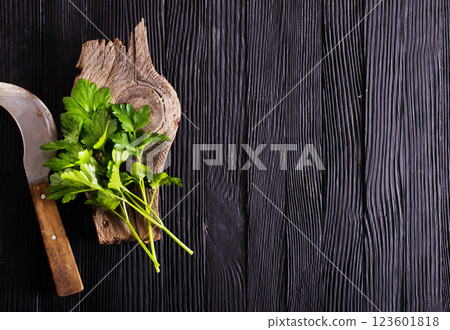 Bunch of the twigs of fresh parsley on a wooden cutting board Bunch of the twigs of fresh parsley on a wooden cutting board 123601818