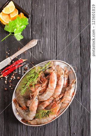boiled shrimps with aroma spic on metal plate boiled shrimps with aroma spic on metal plate 123601819