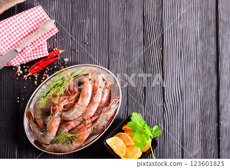 boiled shrimps with aroma spic on metal plate boiled shrimps with aroma spic on metal plate 123601825