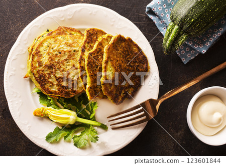 Potato pancakes with zucchini on white plate 123601844