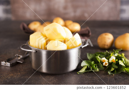 Young potatoes. Fresh potatoes on dark background. Young potatoes. Fresh potatoes on dark background. 123601852