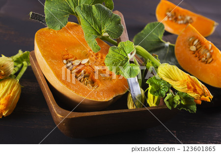 Orange pumpkins on a table. Fresh pumpkins Orange pumpkins on a table. Fresh pumpkins 123601865