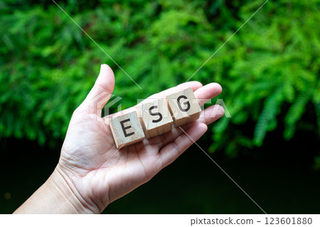 ESG word on pen palm with three toy blocks. ESG word on pen palm with three toy blocks. 123601880