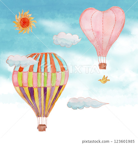帶有背景的天空中漂浮的熱氣球的水彩插圖 123601985