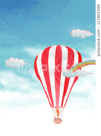 Watercolor illustration of a striped hot air balloon floating in the sky with background Watercolor illustration of a striped hot air balloon floating in the sky with background 123601989