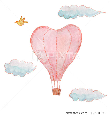 Pink heart shaped balloon and clouds watercolor illustration Pink heart shaped balloon and clouds watercolor illustration 123601990