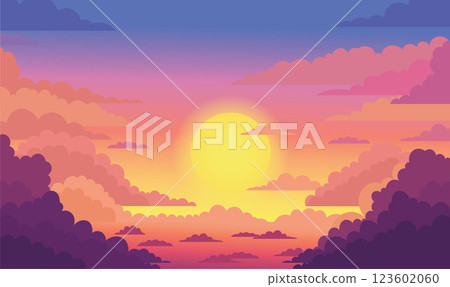 Beautiful Majestic Sky Panoramic with Sun Light and Clouds Landscape at Sunset Sunrise 123602060