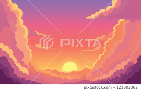 Beautiful Majestic Sky Panoramic with Sun Light and Clouds Landscape at Sunset Sunrise 123602062