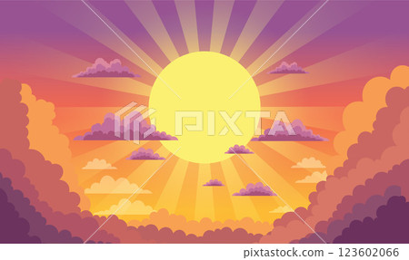 Big Sun Sunburst Sunlight with Clouds View in Beautiful Majestic Sky at Sunset Sunrise 123602066