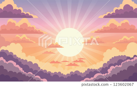 Big Sun Sunburst Sunlight with Clouds View in Beautiful Majestic Sky at Sunset Sunrise Big Sun Sunburst Sunlight with Clouds View in Beautiful Majestic Sky at Sunset Sunrise 123602067
