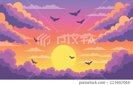 Birds Flying on Beautiful Majestic Sky Panoramic with Sun Light and Clouds at Sunset Sunrise Birds Flying on Beautiful Majestic Sky Panoramic with Sun Light and Clouds at Sunset Sunrise 123602068
