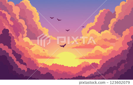 Birds Flying on Beautiful Majestic Sky Panoramic with Sun Light and Clouds at Sunset Sunrise 123602079