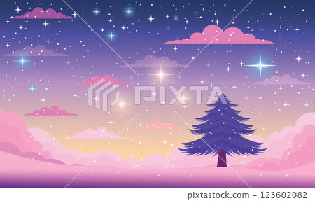 Pine Tree in Clouds Landscape with Beautiful Majestic Sky Panoramic with Twinkling Stars at Night 123602082
