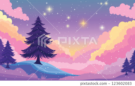 Pine Tree in Clouds Landscape with Beautiful Majestic Sky Panoramic with Twinkling Stars at Night 123602083