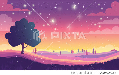 Tree in Hills Nature Landscape with Beautiful Majestic Sky Panoramic with Twinkling Stars at Night Tree in Hills Nature Landscape with Beautiful Majestic Sky Panoramic with Twinkling Stars at Night 123602088