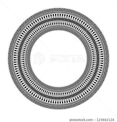 Ethnic round neck ornament of African tribes. Circular ornament in ethnic style. Black and white vector illustration. The endless pattern of Aztec, Maya, Incas, Peru, Brazil, Mexico, Honduras Ethnic round neck ornament of African tribes. Circular ornament in ethnic style. Black and white vector illustration. The endless pattern of Aztec, Maya, Incas, Peru, Brazil, Mexico, Honduras 123602128