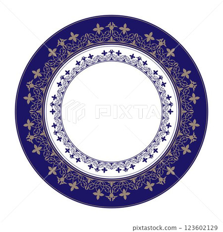 Beautiful round frame with arabesques and stars. Vintage European Blue gold plate with floral ornament. For round surfac, textile, embroidery, porcelain, sandblast, laser cutting, engraving, ceramics Beautiful round frame with arabesques and stars. Vintage European Blue gold plate with floral ornament. For round surfac, textile, embroidery, porcelain, sandblast, laser cutting, engraving, ceramics 123602129