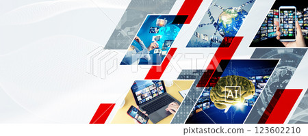 Collage of various video technology images - Horizontal visuals for banners and advertisements Collage of various video technology images - Horizontal visuals for banners and advertisements 123602210