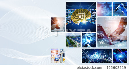 Collage of various technology images Horizontal visuals for banners and advertisements 123602219