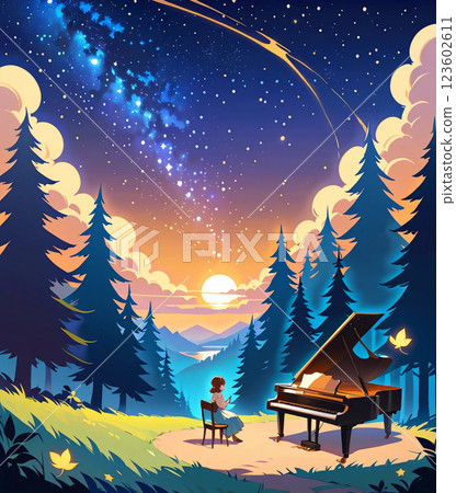 Landscape painting in the shape of a guitar in the woods Landscape painting in the shape of a guitar in the woods 123602611