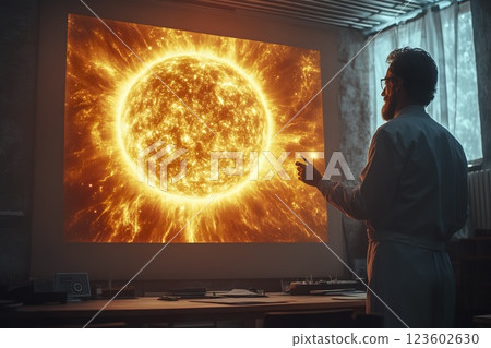 Man in white suit staring at large sun with clear blue sky background 123602630