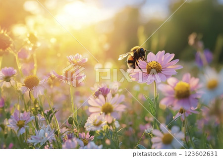 Bee pollinating a bright flower under the sunlight in a natural setting 123602631