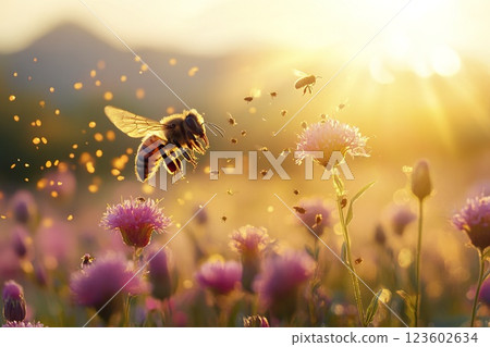 Bee flying over colorful field of flowers in bright sunny daylight outdoors 123602634