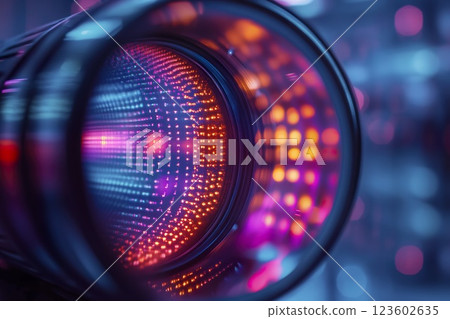 Close up of camera lens with blur effect highlighting optical elements and reflections 123602635