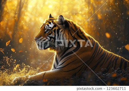 Tiger resting calmly in tall green grass under natural sunlight in a wildlife habitat 123602711