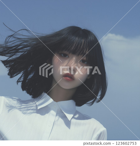 一個神秘的女人從上面俯視著藍天 123602753