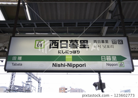[JY08] Nishi-Nippori Station (Yamanote Line Outer Loop: Station Sign) 123602773