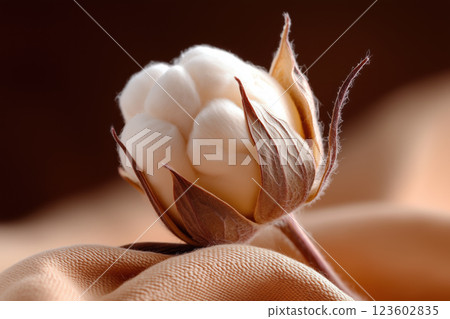 pristine cotton boll rests gently on soft fabric surface 123602835