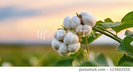 Close up of cotton growing in field at sunset 123602850