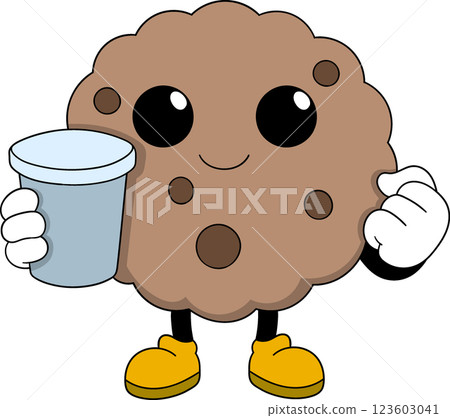 Cute Chocolate Chip Cookie Mascot Holding Coffee for Cafe and Bakery Branding 123603041