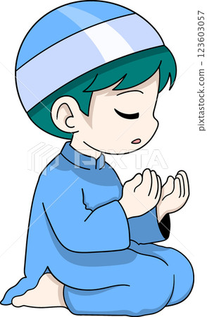 Muslim Boy Praying in Islamic Worship During Ramadan Month 123603057