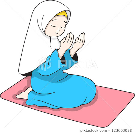 Muslim Woman in Hijab Praying on a Prayer Mat During the Holy Month of Ramadan 123603058