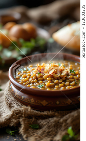 Steaming lentil soup with crispy vegetables in rustic bowl 123603235
