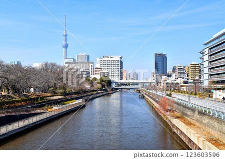 猿江公園、墨田醫院、清水橋和橫十間川景觀（東京都江東區）[2025 年 3 月] 123603596
