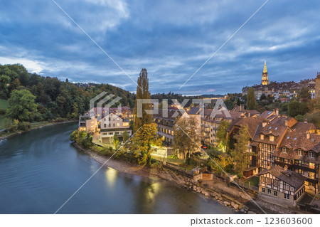 Bern (Berne) Switzerland night city skyline at old town and Aare River in autumn season 123603600