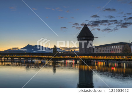 Lucerne (Luzern) Switzerland sunrise city skyline at Chapel Bridge Lucerne (Luzern) Switzerland sunrise city skyline at Chapel Bridge 123603632