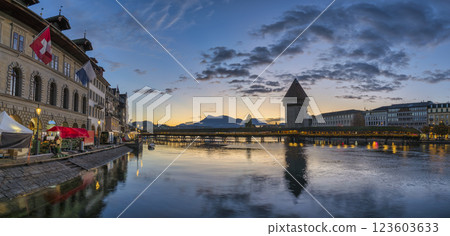 Lucerne (Luzern) Switzerland sunrise panorama city skyline at Chapel Bridge Lucerne (Luzern) Switzerland sunrise panorama city skyline at Chapel Bridge 123603633