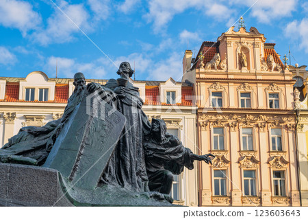 Prague Czech Republic, city skyline at Jan Hus monument statue Prague old town square, Czechia Prague Czech Republic, city skyline at Jan Hus monument statue Prague old town square, Czechia 123603643