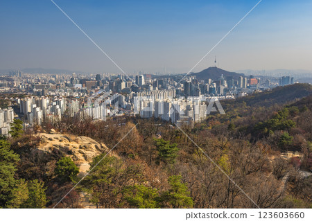Seoul South Korea city skyline view from Ansan mountain peak in autumn 123603660