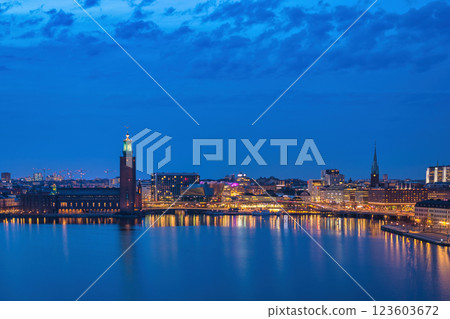 Stockholm Sweden, night city skyline at Stockholm City Hall and Gamla Stan Stockholm Sweden, night city skyline at Stockholm City Hall and Gamla Stan 123603672