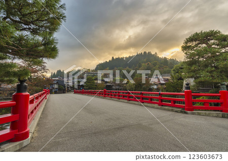 Takayama Gifu Japan at Nakabashi red bridge and Miyagawa river in autumn season Takayama Gifu Japan at Nakabashi red bridge and Miyagawa river in autumn season 123603673