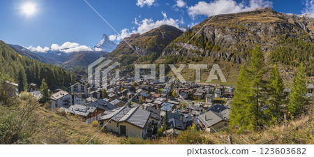 Zermatt Switzerland panorama city skyline at valley and Matterhorn mountain peak in autumn season Zermatt Switzerland panorama city skyline at valley and Matterhorn mountain peak in autumn season 123603682