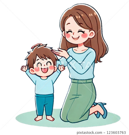 A simple and cute illustration of a boy who is happy to be praised by his mother 123603763