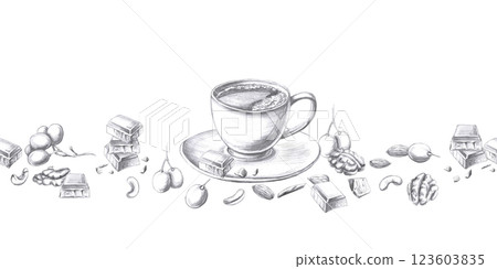 Seamless border with cup of coffee, chocolate and grapes. Isolated pencil illustration on food theme for restaurant interior design, menu, culinary magazines. Seamless border with cup of coffee, chocolate and grapes. Isolated pencil illustration on food theme for restaurant interior design, menu, culinary magazines. 123603835
