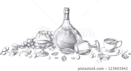 Seamless border with cognac glasses, bottle and grapes. Isolated pencil illustration on alcohol theme for restaurant interior design, menu, culinary magazines Seamless border with cognac glasses, bottle and grapes. Isolated pencil illustration on alcohol theme for restaurant interior design, menu, culinary magazines 123603842